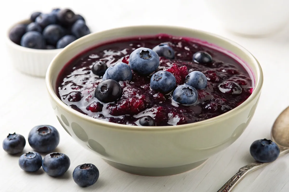 A bowl of blueberry sauce or jam is topped with fresh blueberries.