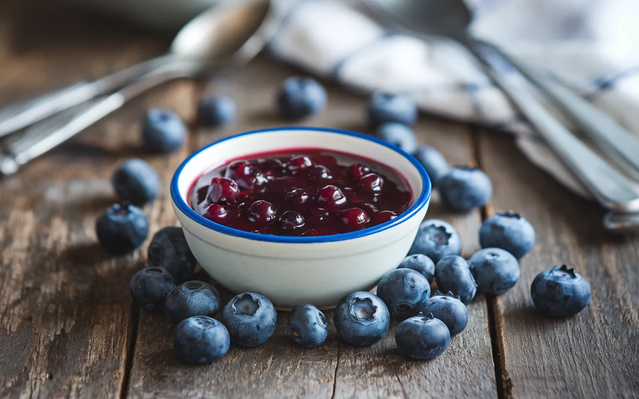  Naturally delicious blueberry compote in a glass bowl.