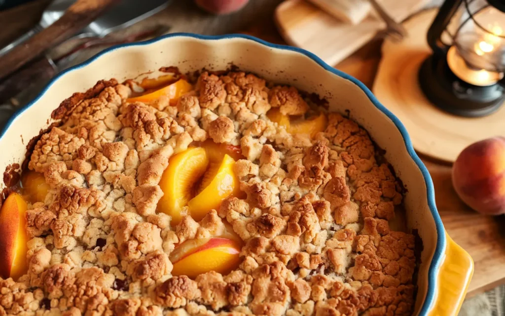 A close-up shot of a peach cobbler in a baking dish.