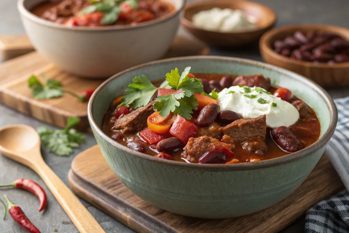 A bowl of chili with beef, beans, and vegetables, topped with sour cream and parsley.