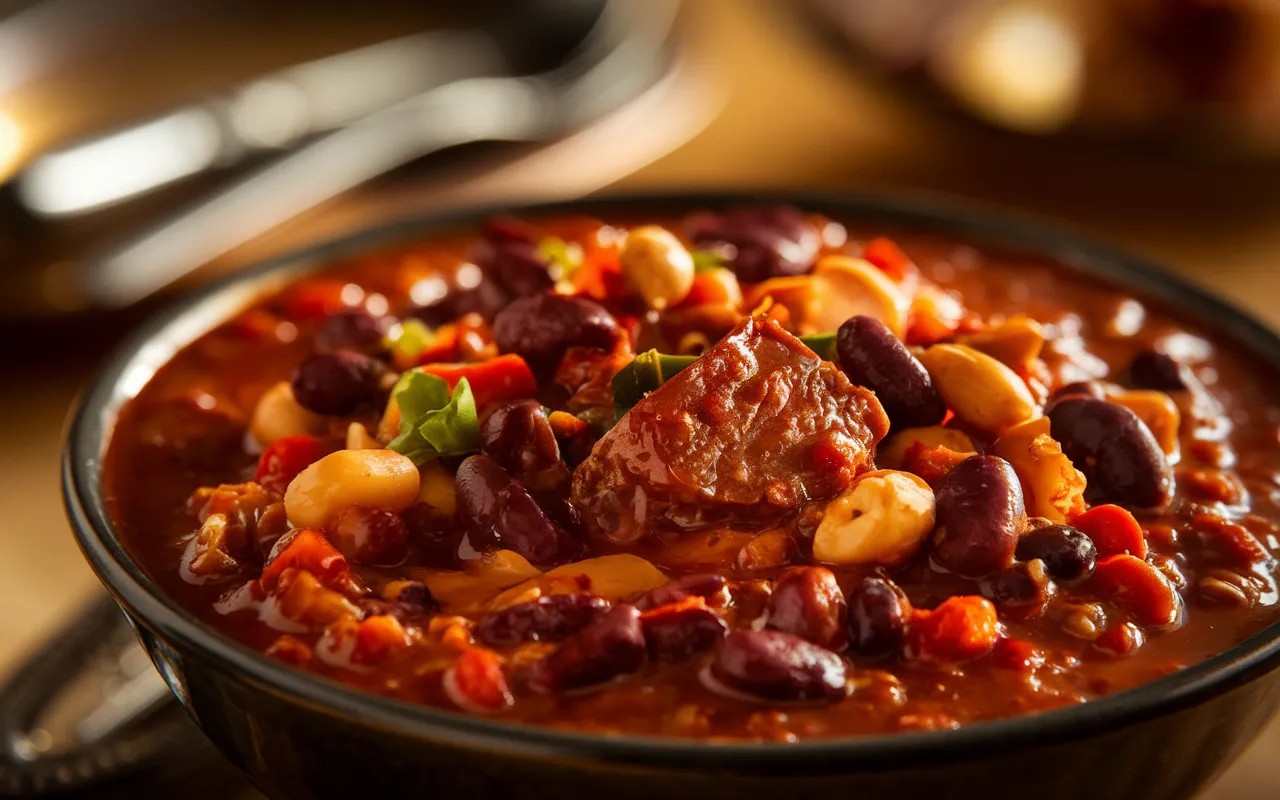 A close-up image of a bowl of chili with beans, meat, and vegetables.