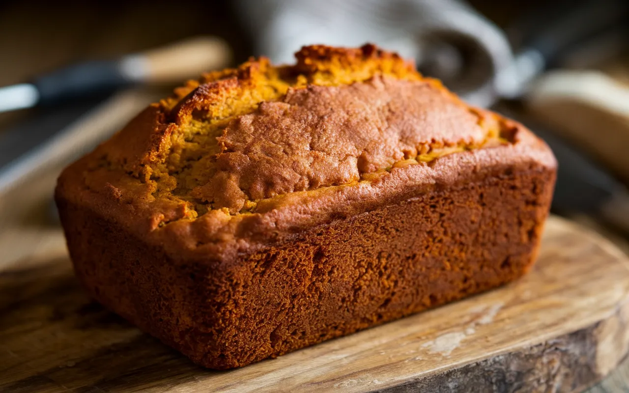 A loaf of freshly baked golden-brown bread sits on a wooden cutting board.