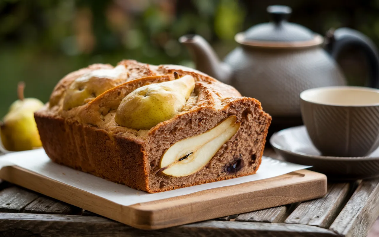 A loaf of pear bread sits on a wooden cutting board.