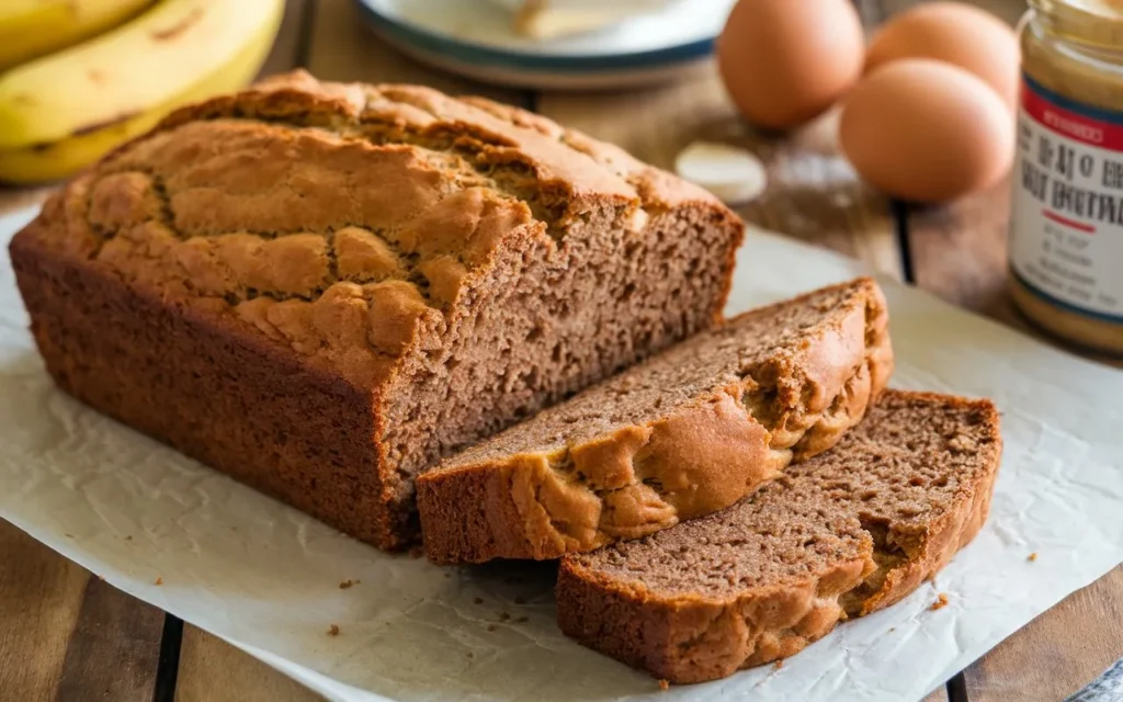 A loaf of banana bread is partially sliced on parchment paper.