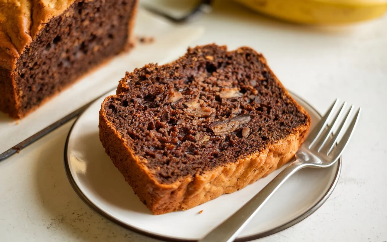 Sliced loaf of recipe for banana bread no flour on a plate.