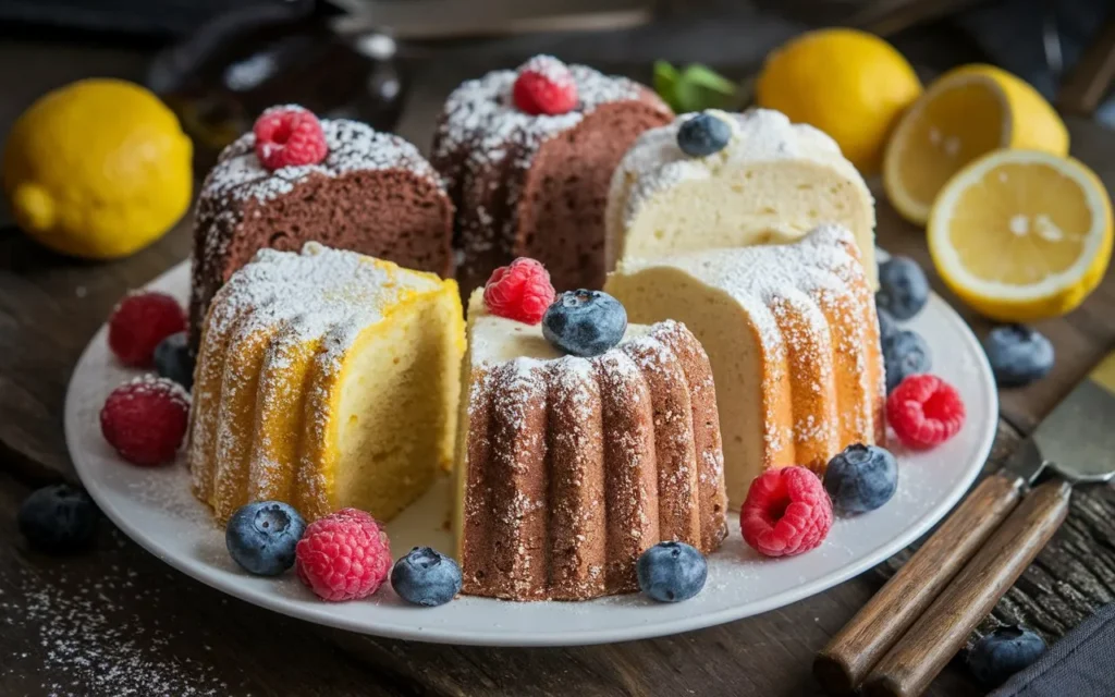 Slices of lemon, chocolate, and vanilla bundt cakes are dusted with powdered sugar and decorated with fresh raspberries and blueberries.