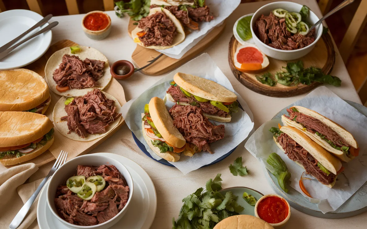 A table spread with various dishes featuring shredded barbacoa beef.