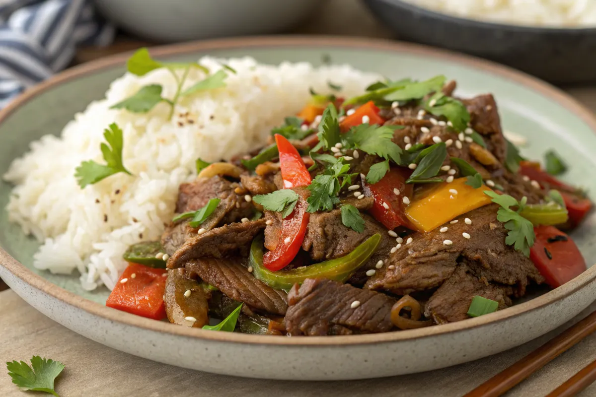 A plate of beef and bell peppers stir-fry served with white rice and garnished with herbs and sesame seeds.