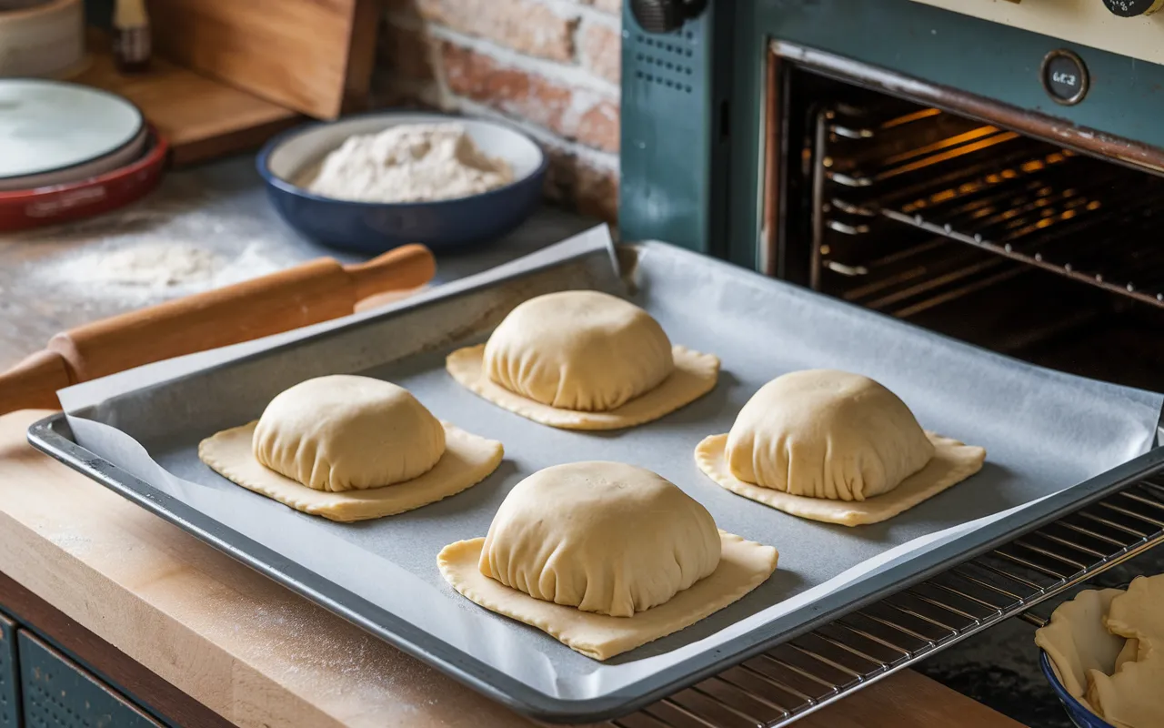 Four unbaked hand pies sit on a baking sheet ready to go into the oven.