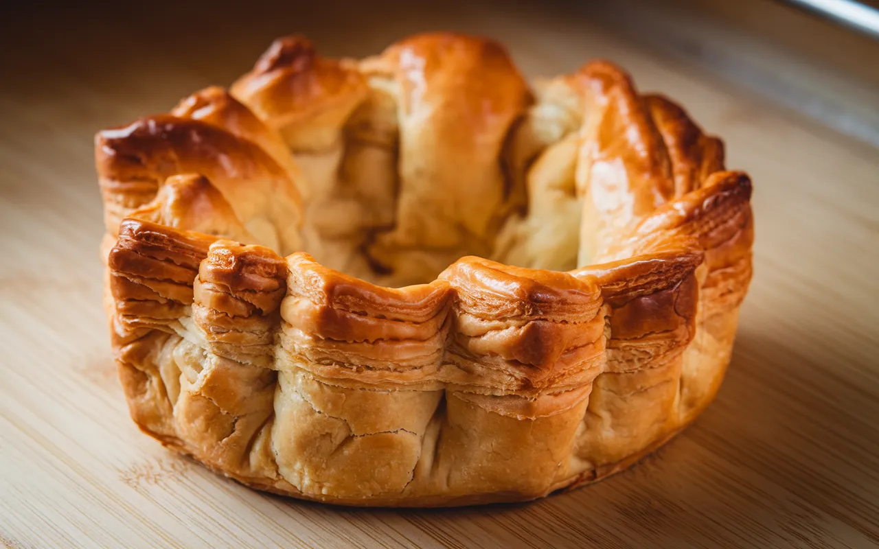 "Close-up of a perfectly baked puff pastry shell, golden brown, flaky layers visible, ready for filling, placed on a wooden counter."