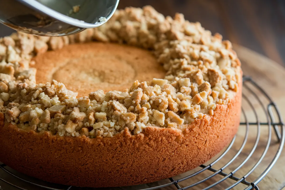 A freshly baked coffee cake with a streusel topping sits on a wire rack.