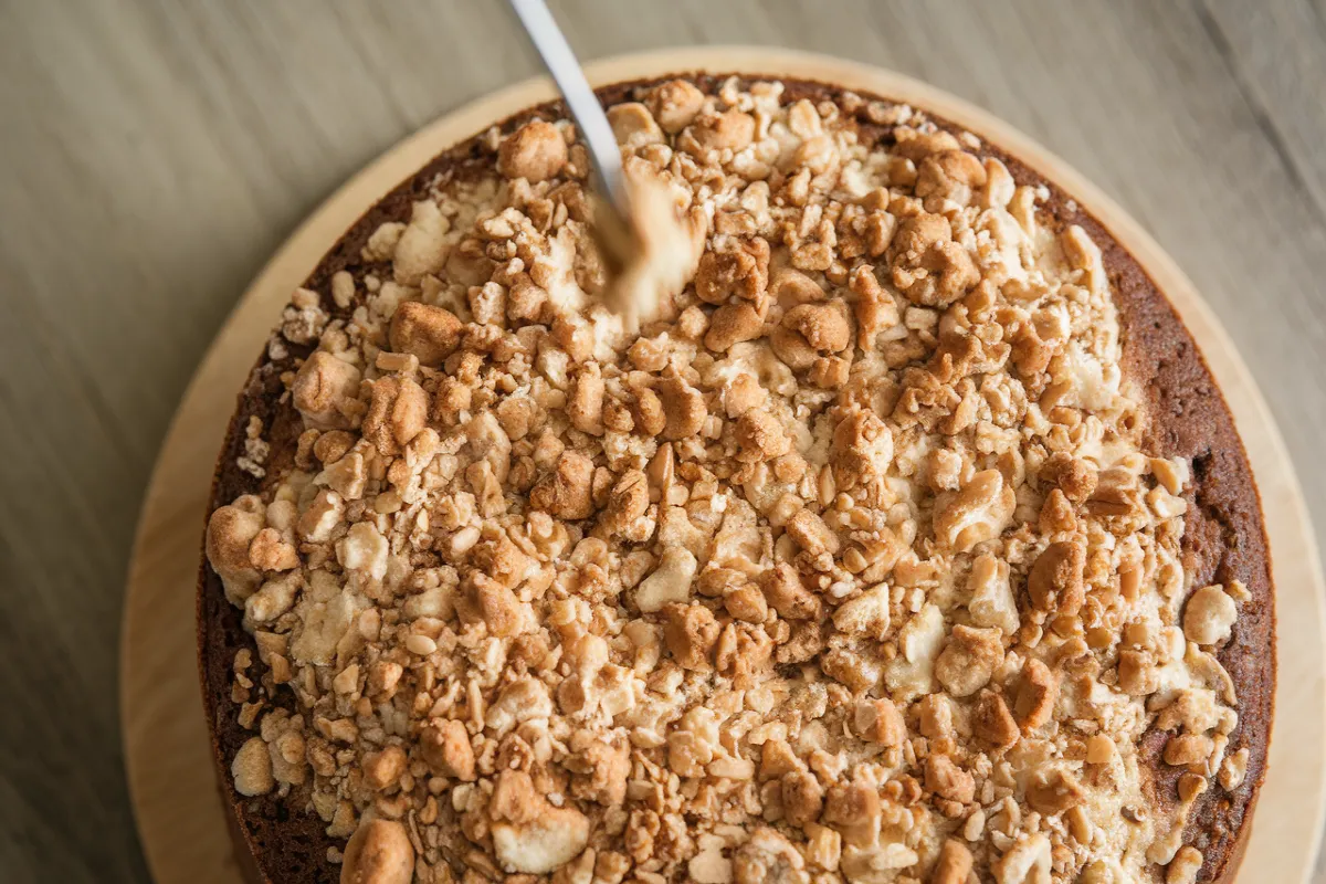 Streusel topping on a coffee cake before baking