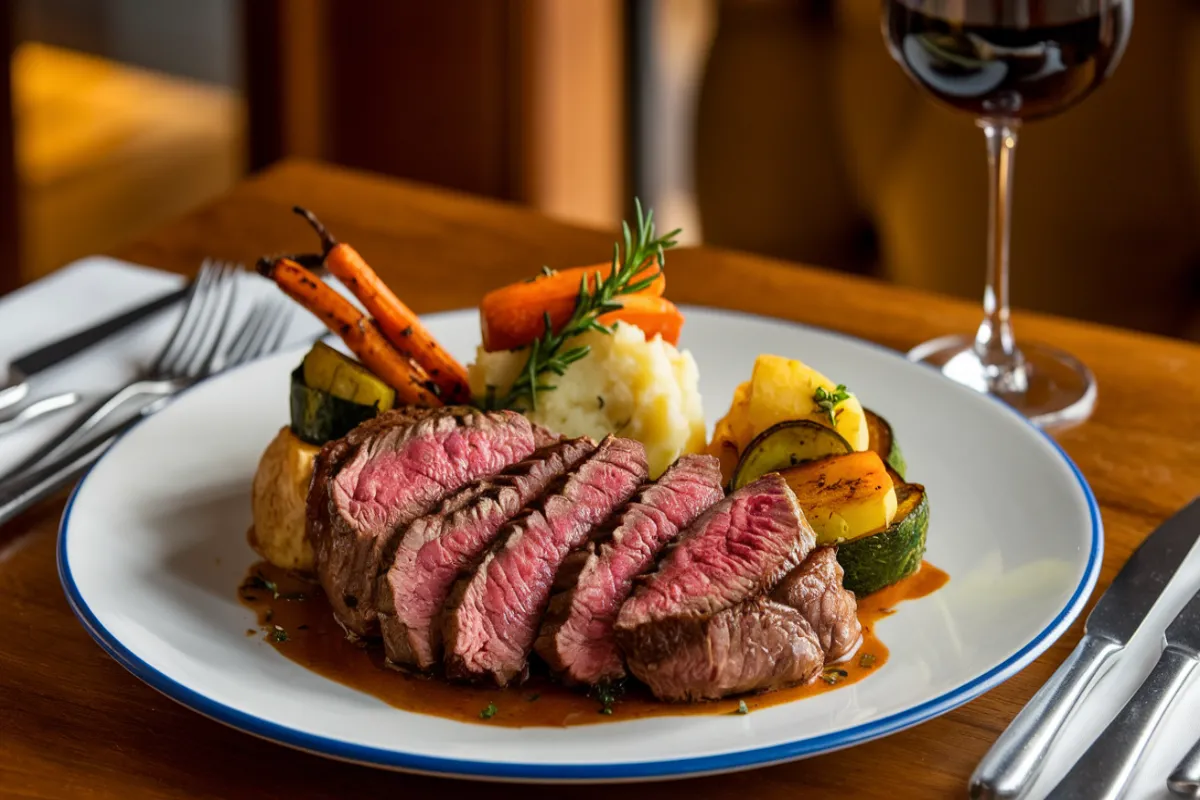 Sliced medium-rare steak served with roasted vegetables and mashed potatoes on a white plate.