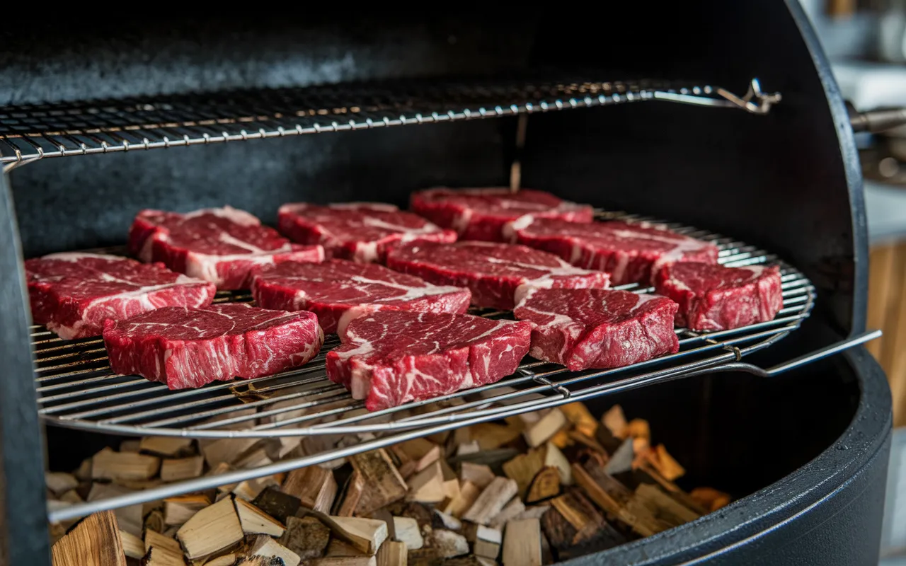 Raw ribeye steaks sit on a grill grate over wood chips in a smoker.