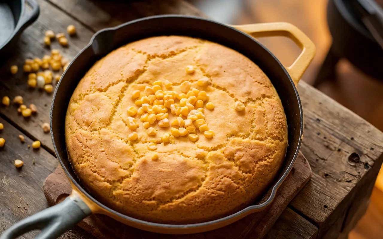 A golden-brown cornbread sits in a cast iron skillet, topped with kernels of corn.