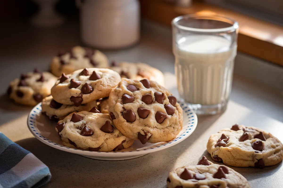 A plate of freshly baked chocolate chip cookies sits next to a glass of milk.