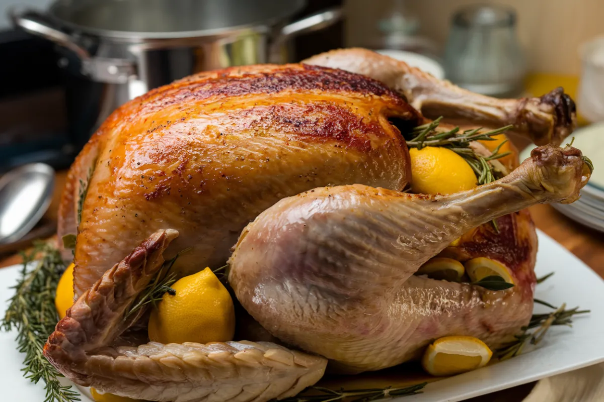 A roasted turkey sits on a white platter, garnished with lemons and rosemary sprigs.