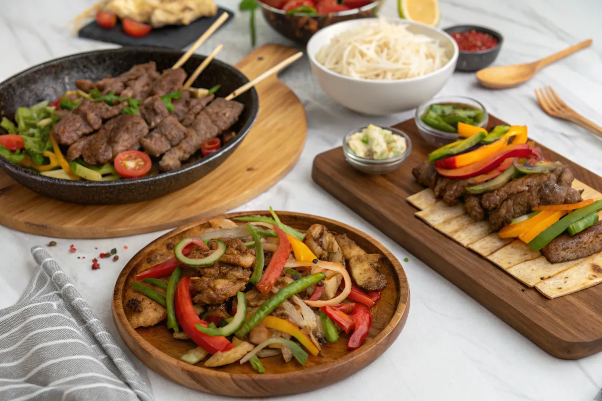 Three dishes of grilled meat and vegetables are presented on a table.