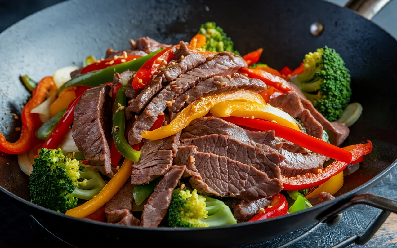 Sliced beef and colorful vegetables are stir-fried together in a wok.