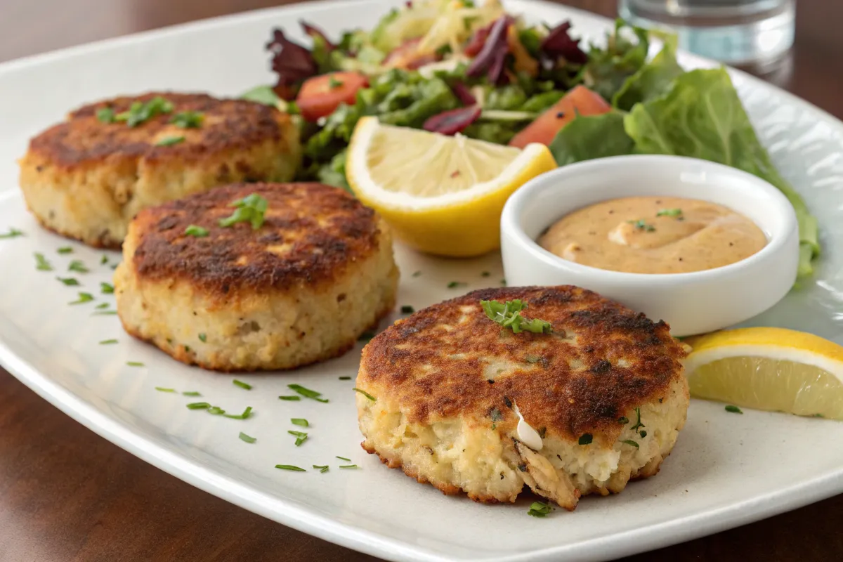 Three golden-brown crab cakes are served on a white plate with dipping sauce, a lemon wedge, and a small salad.