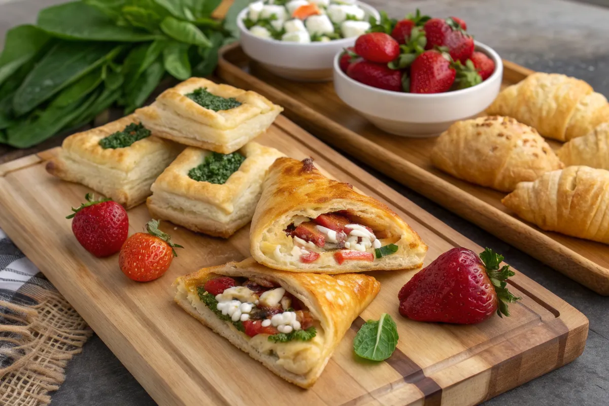 Puff pastry squares with pesto and triangle pastries filled with strawberries and cheese are displayed on wooden boards.