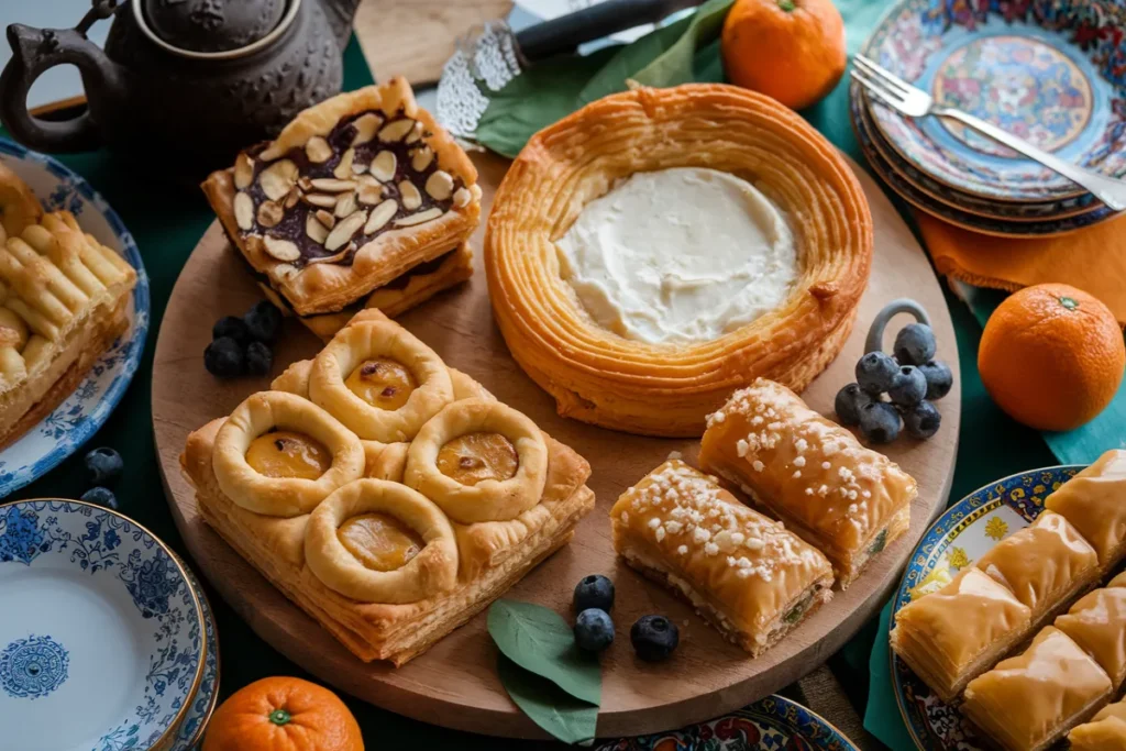 An assortment of pastries arranged on a wooden board, accompanied by fresh oranges, blueberries, and decorative plates.