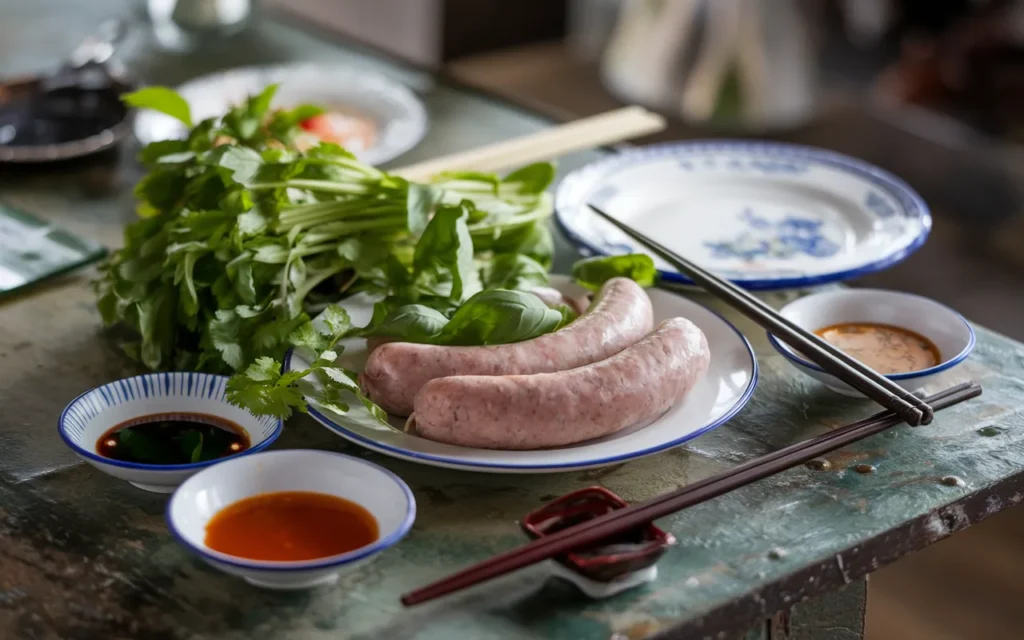 Two uncooked sausages on a plate with cilantro, basil, and small bowls of sauces.