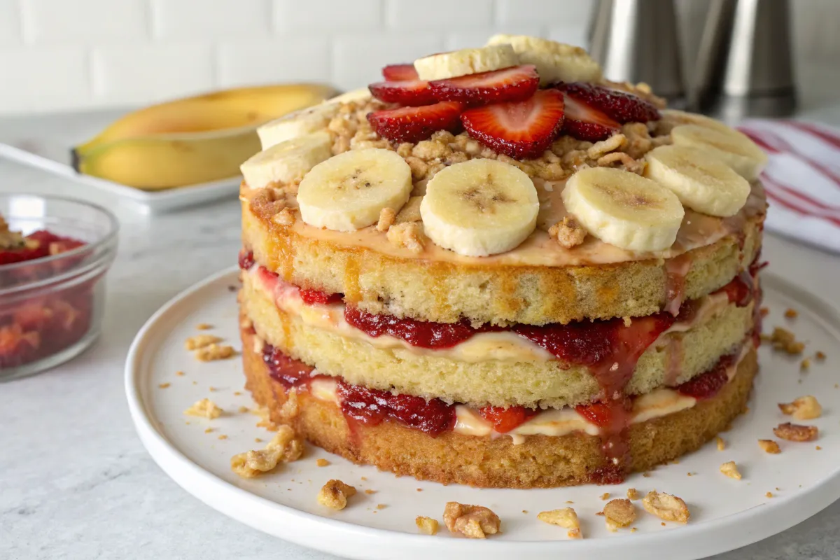 A three-layer cake topped with sliced bananas, strawberries, and chopped walnuts sits on a white plate.