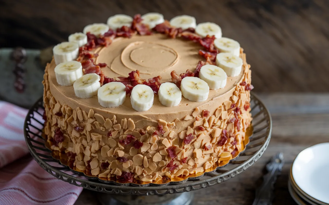 A peanut butter and banana cake topped with sliced bananas and bacon bits sits on a wire cake stand.