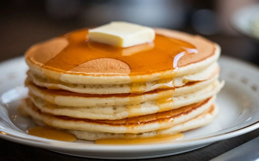 A stack of four pancakes topped with a pat of butter and syrup sits on a plate.