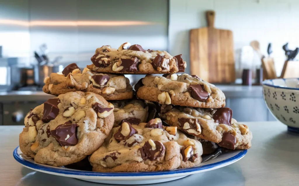 A stack of chocolate chunk and macadamia nut cookies sits on a plate.