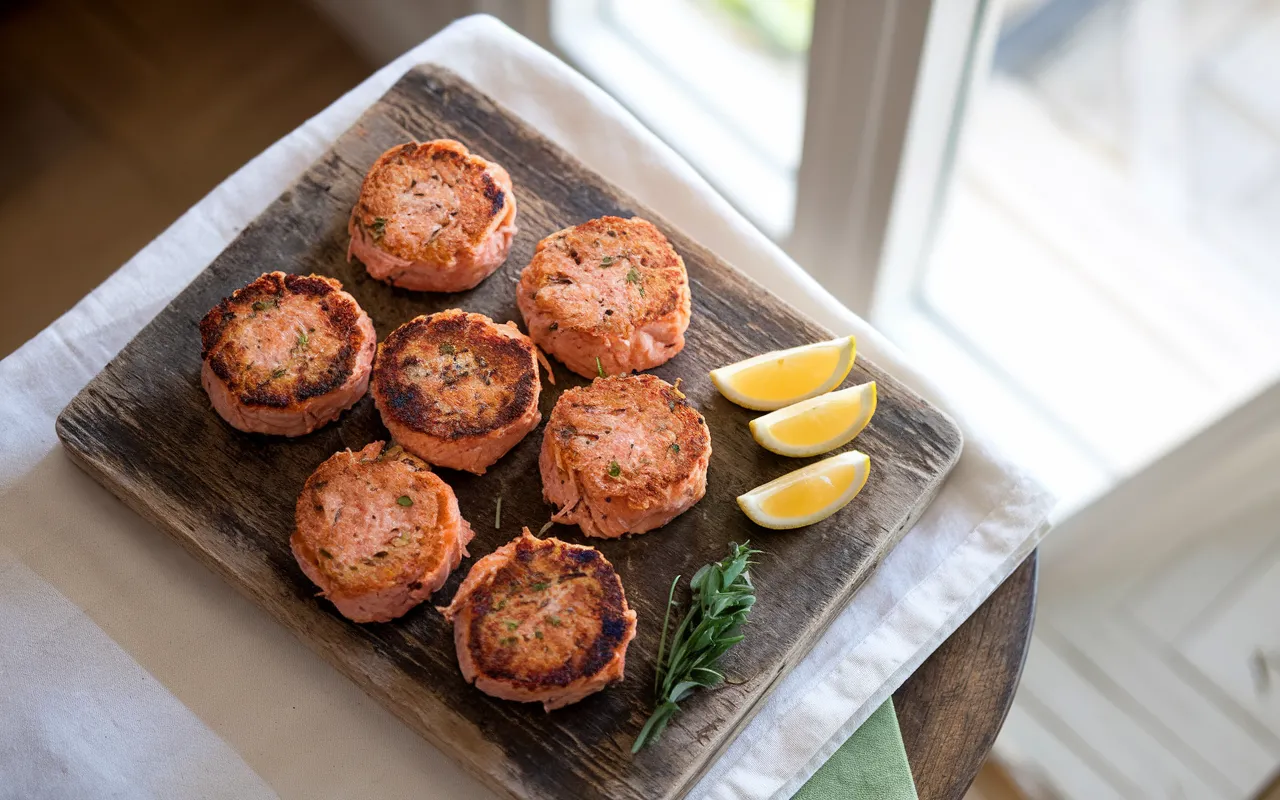 Seven cooked salmon patties and three lemon wedges sit on a wooden cutting board.