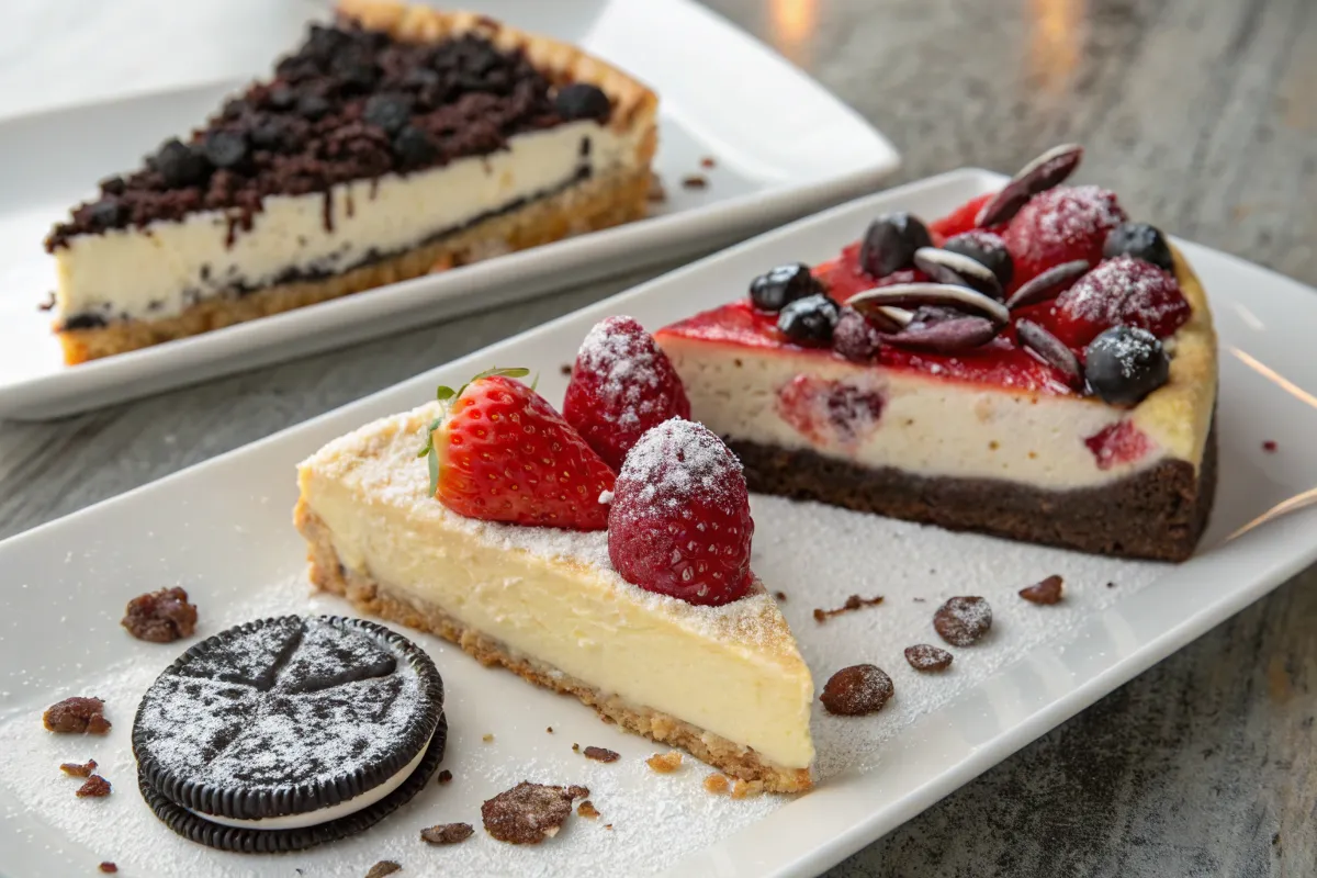 Three slices of cheesecake with various toppings are presented on white plates.