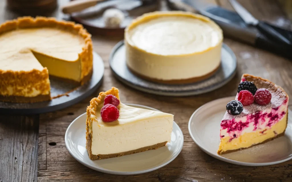 Four cheesecakes, some whole and some sliced, sit on plates on a wooden table.