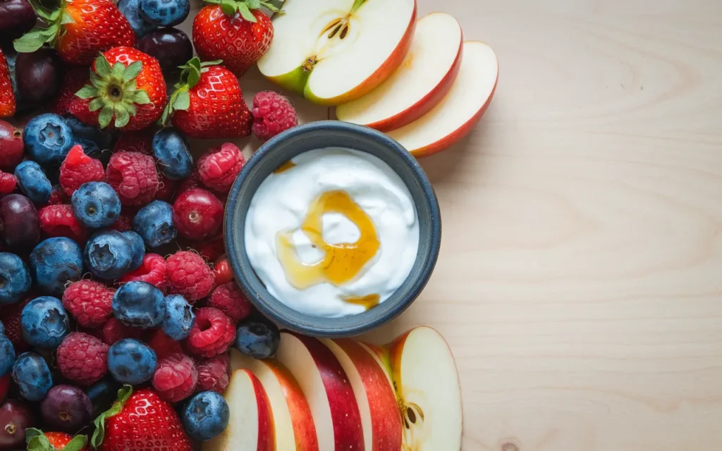 A bowl of yogurt topped with honey sits beside an assortment of fresh fruit like berries, strawberries, and apple slices.