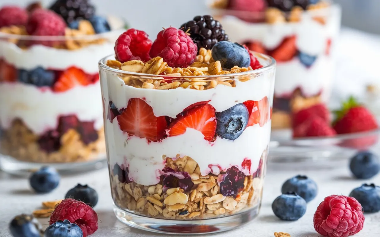 A glass is filled with layers of yogurt, granola, and fresh berries.