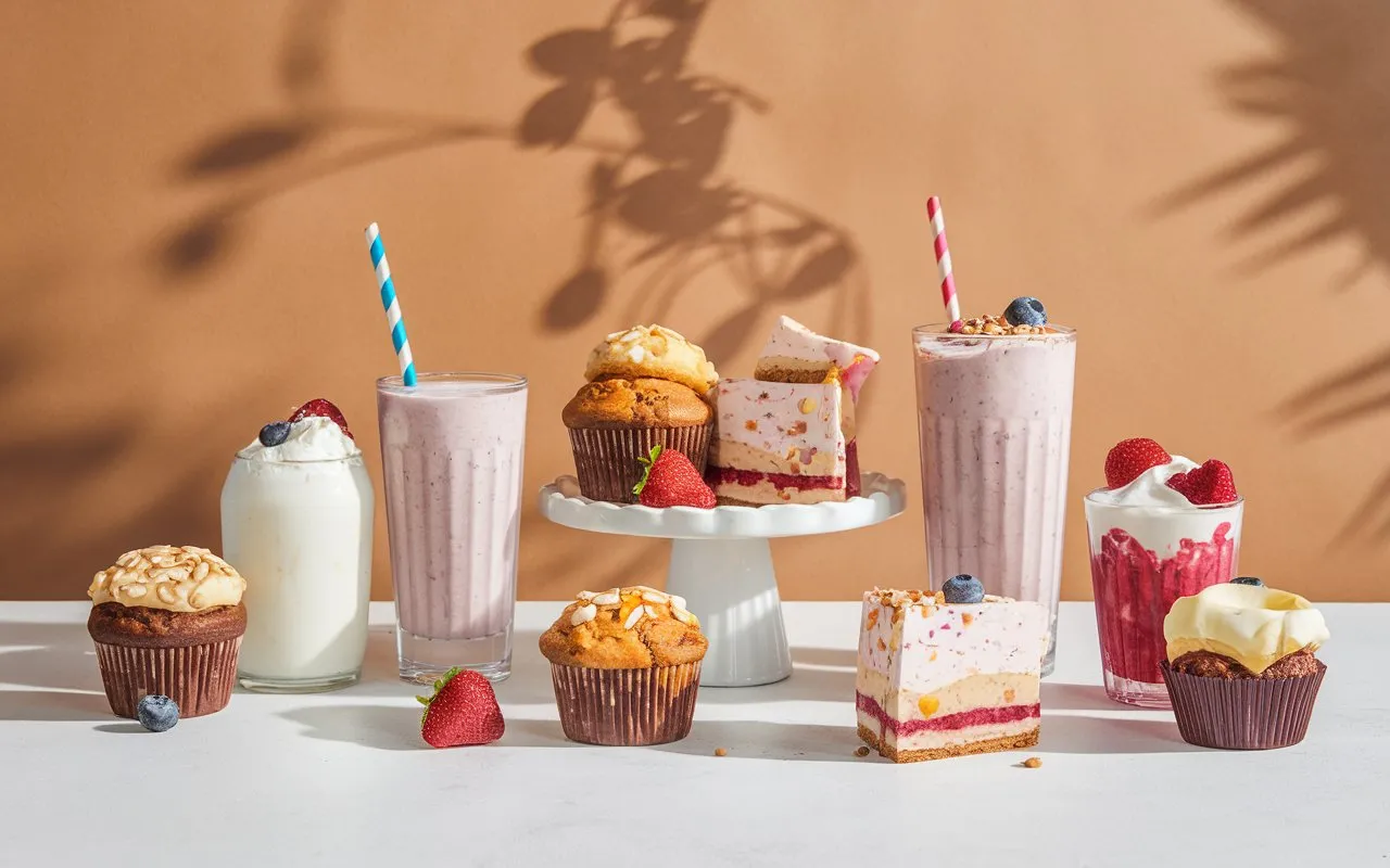 Variety of protein-rich dessert options, such as muffins and shakes.