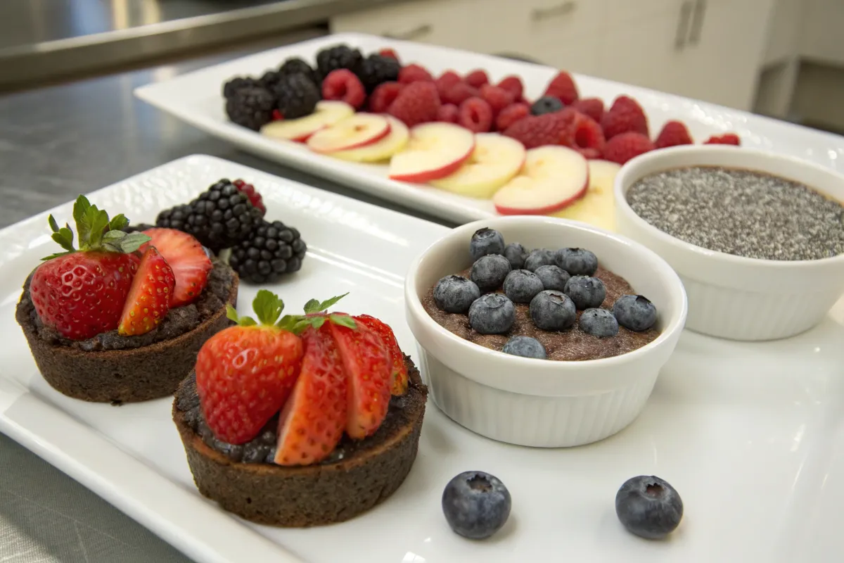 Chocolate desserts topped with fresh strawberries and blueberries are served alongside fresh fruit and chia pudding.