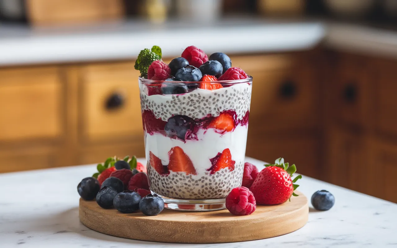 A glass filled with layers of chia seed pudding, yogurt, and fresh berries sits on a wooden coaster.