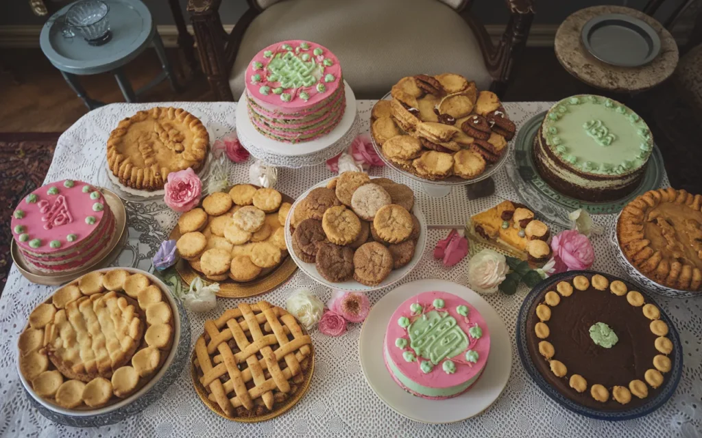 A table covered with a lace tablecloth displays an assortment of pies, cakes, and cookies.