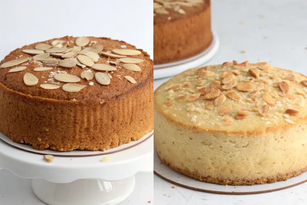 Three almond cakes sit on white surfaces, two on cardboard rounds and one on a cake stand.