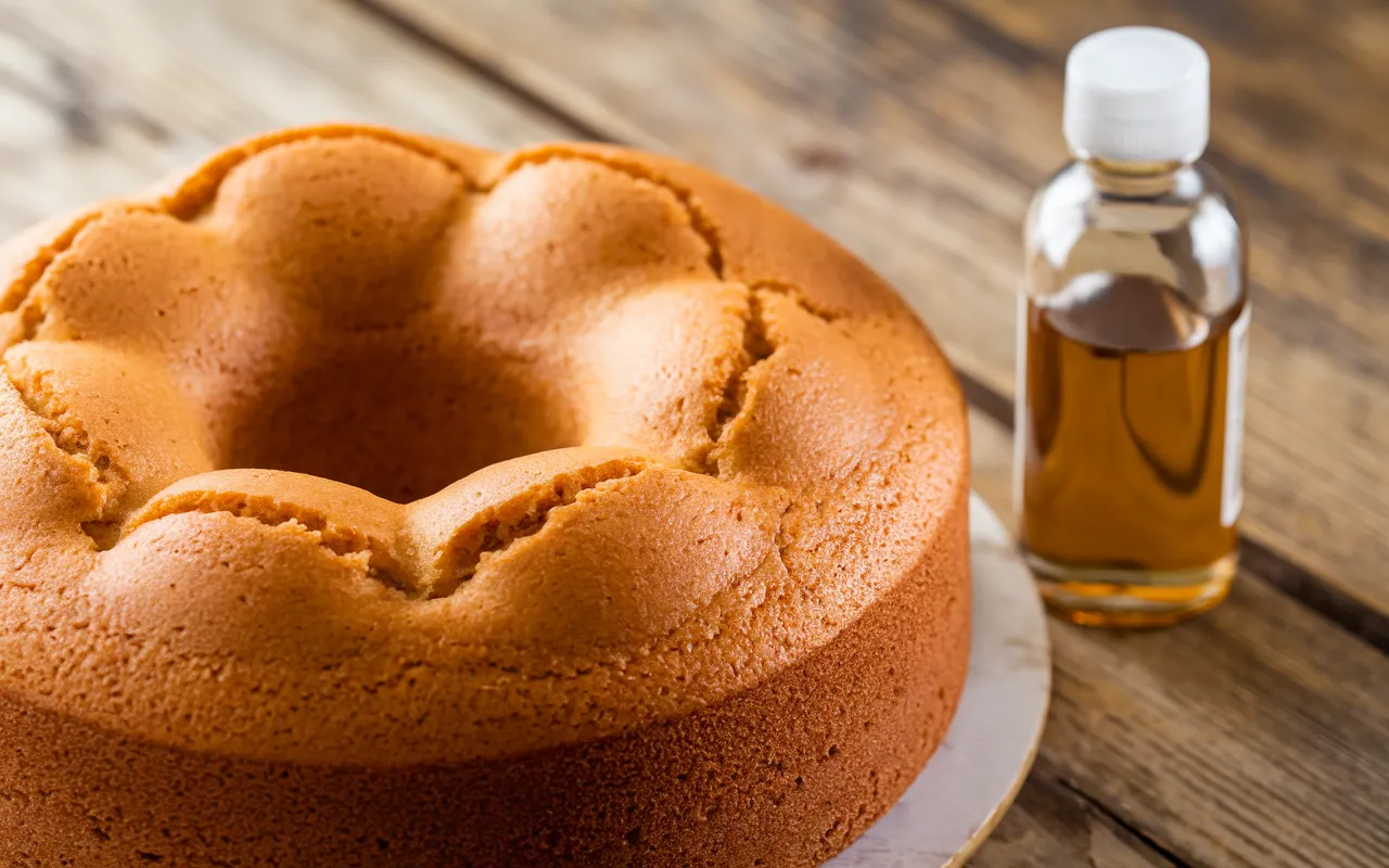 A bottle of almond extract and a cake mix, with focus on what almond extract does to a cake.