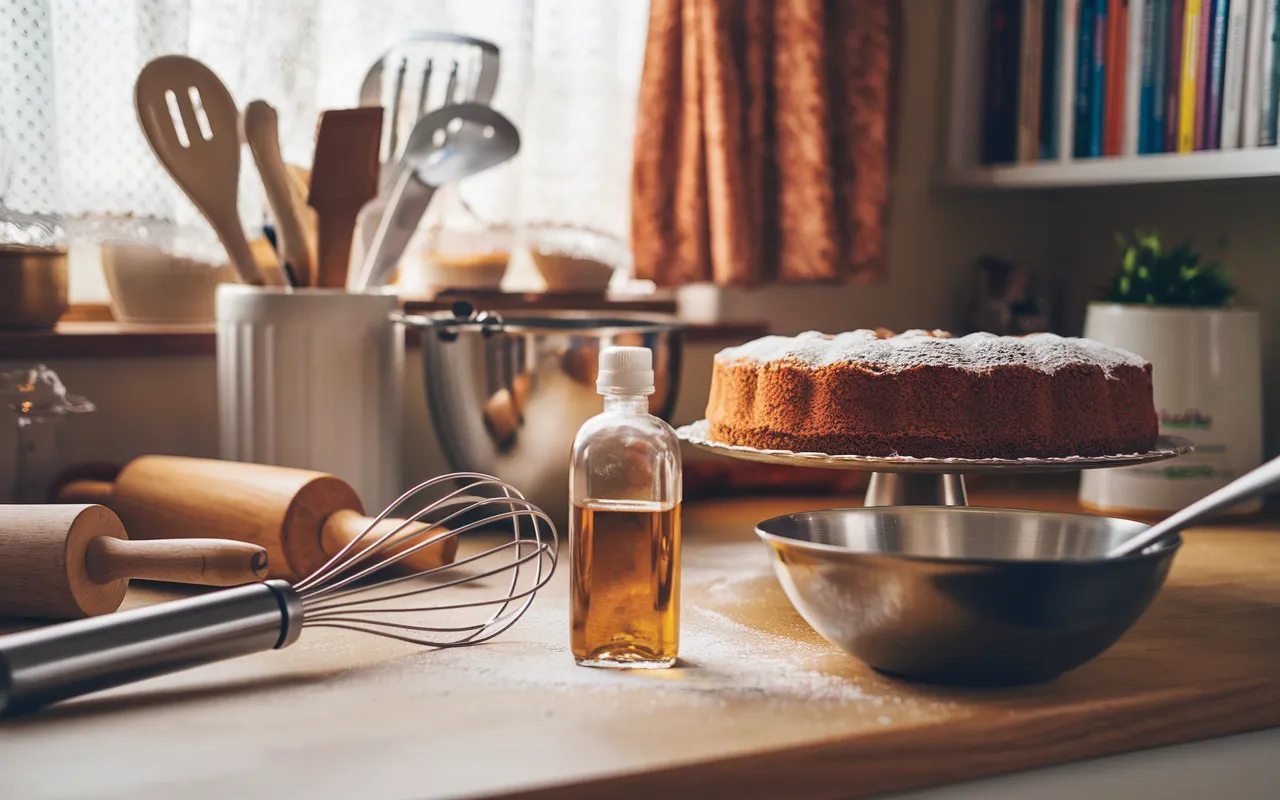  Mixing a cake batter with almond extract to enhance flavor, showing what does almond extract do to a cake.