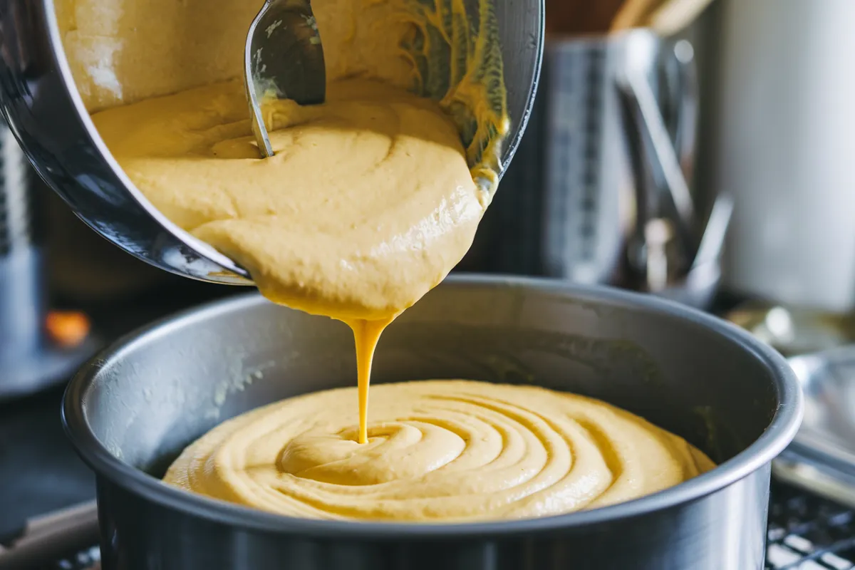 Smooth, yellow batter pours from a metal bowl into a round cake pan.