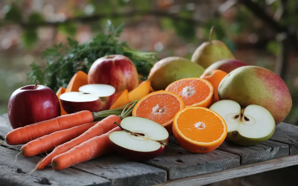 A variety of fresh fruits and vegetables, including apples, oranges, carrots, and pears, are arranged on a rustic wooden table.