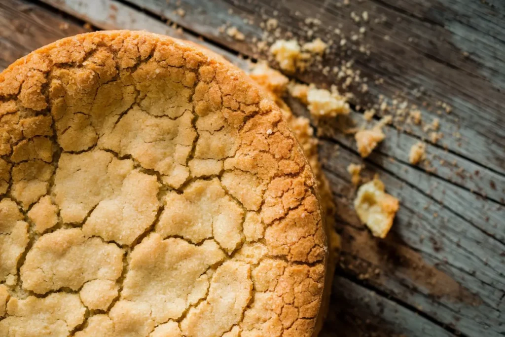 A close-up image of a cracked, golden-brown baked good on a wooden surface.