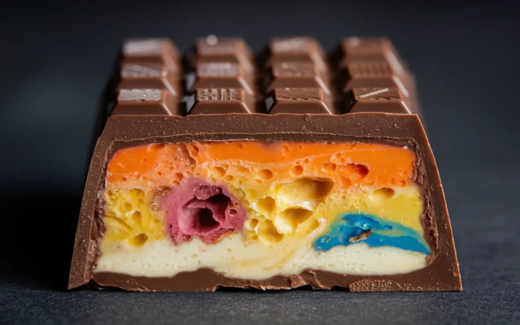 A cross-section of a chocolate bar reveals a colorful, aerated filling.