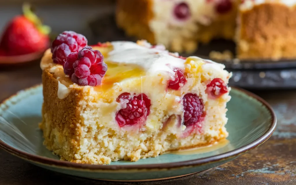 A slice of raspberry cake topped with white icing and fresh raspberries sits on a plate.