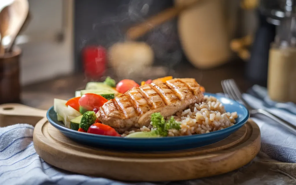 A steaming grilled chicken breast is served on a blue plate with rice and vegetables.