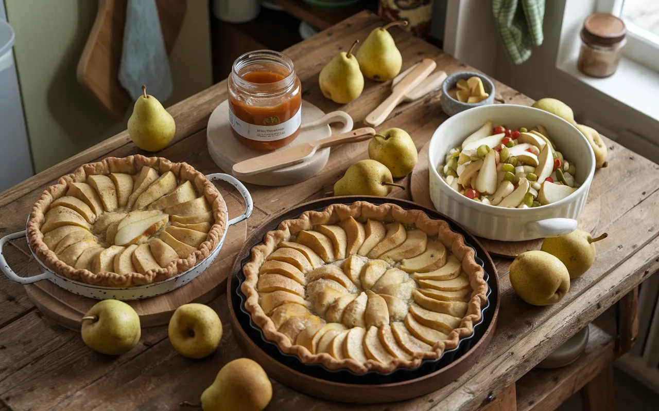 Two pear tarts, a bowl of pear salad, fresh pears, and pear jam sit on a wooden table.